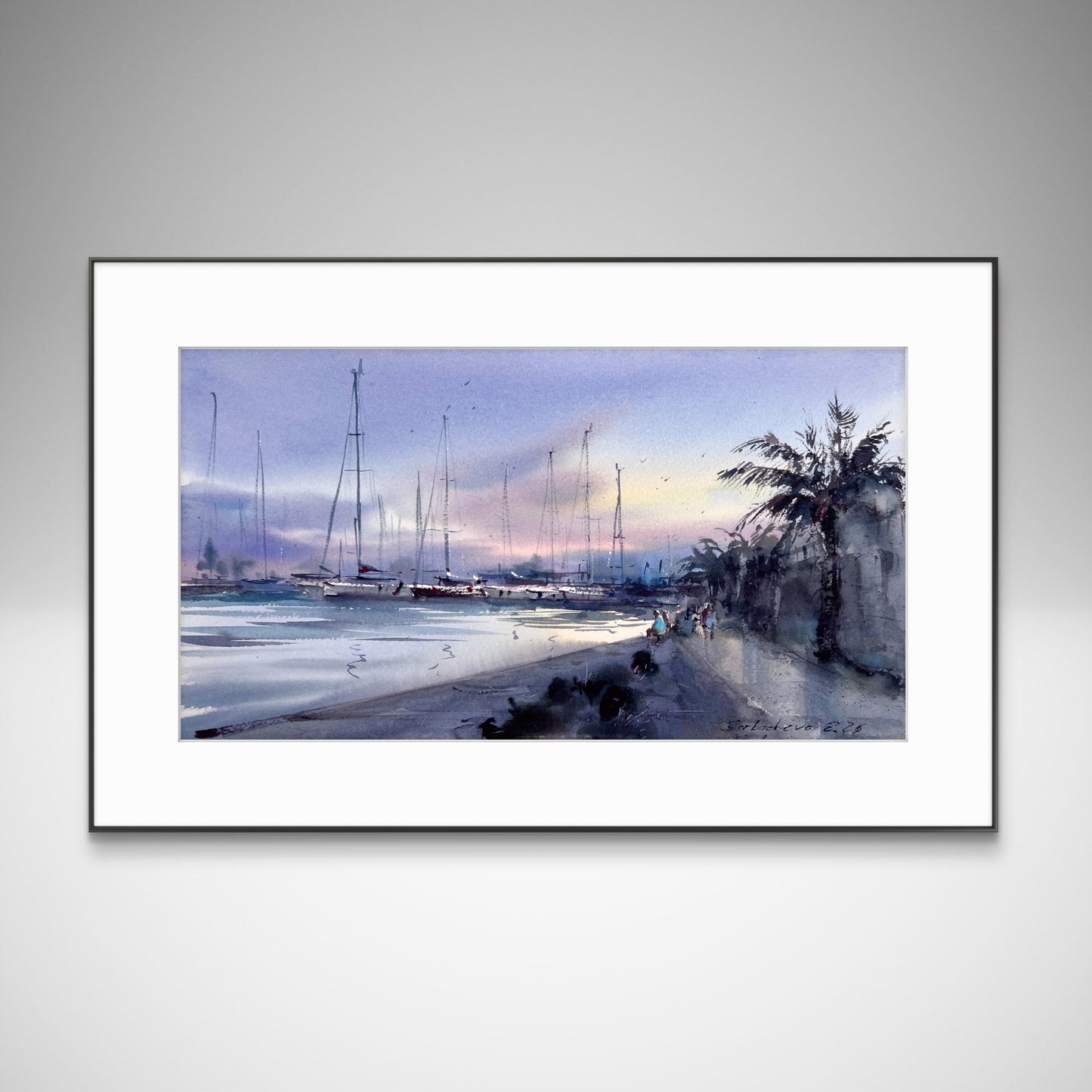 Original Valencia Marina Watercolor Painting | Spain Harbor Seascape | Valencia Twilight 8x15