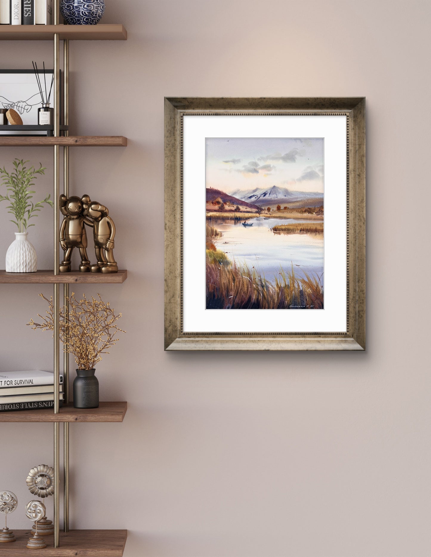 Original Watercolor Marsh Landscape Painting,River Scene with Boat and Mountains,Reflections in a quiet lake 11x16 in