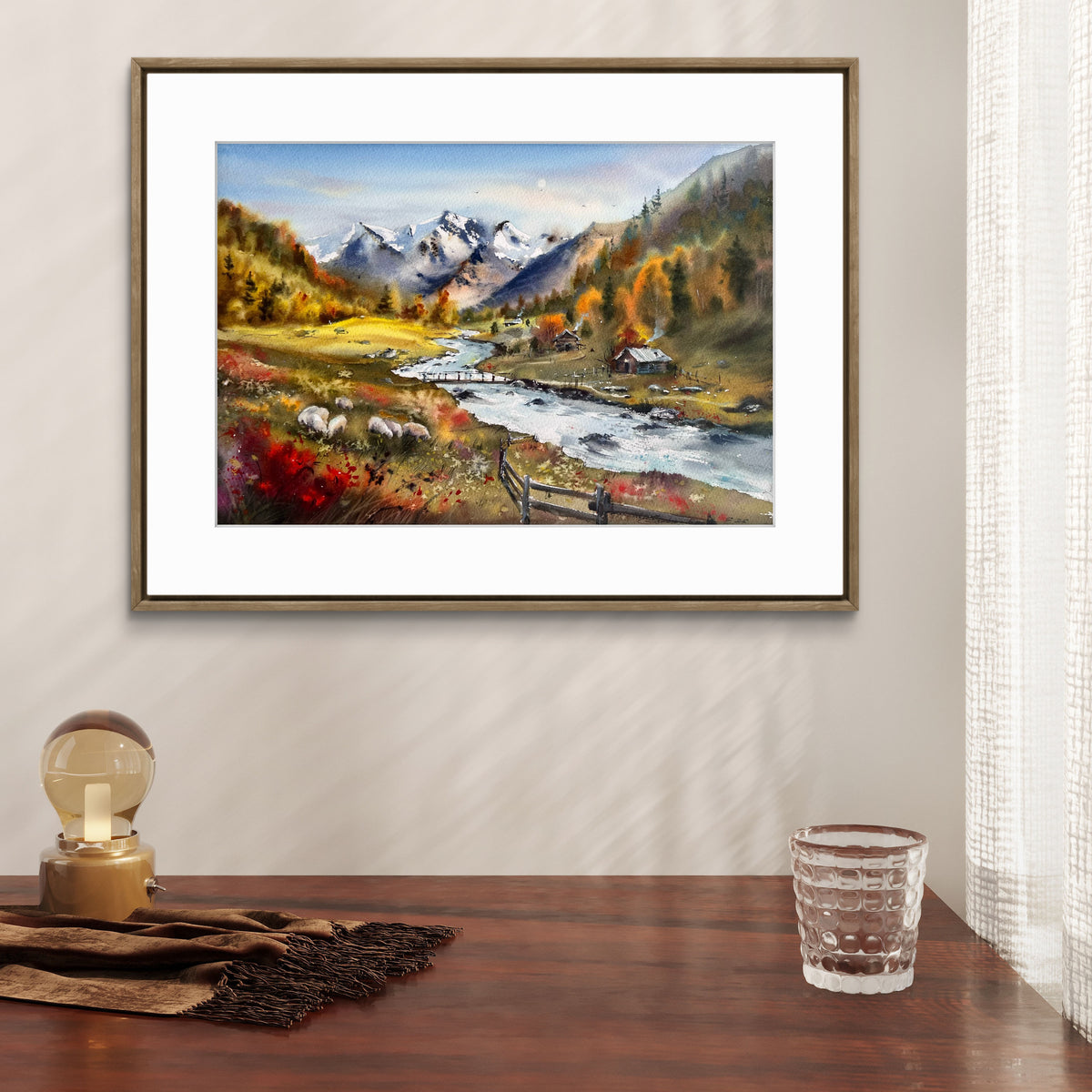 Mountain Landscape Watercolor, Alpine Village Painting, Autumn Valley Song 12x16