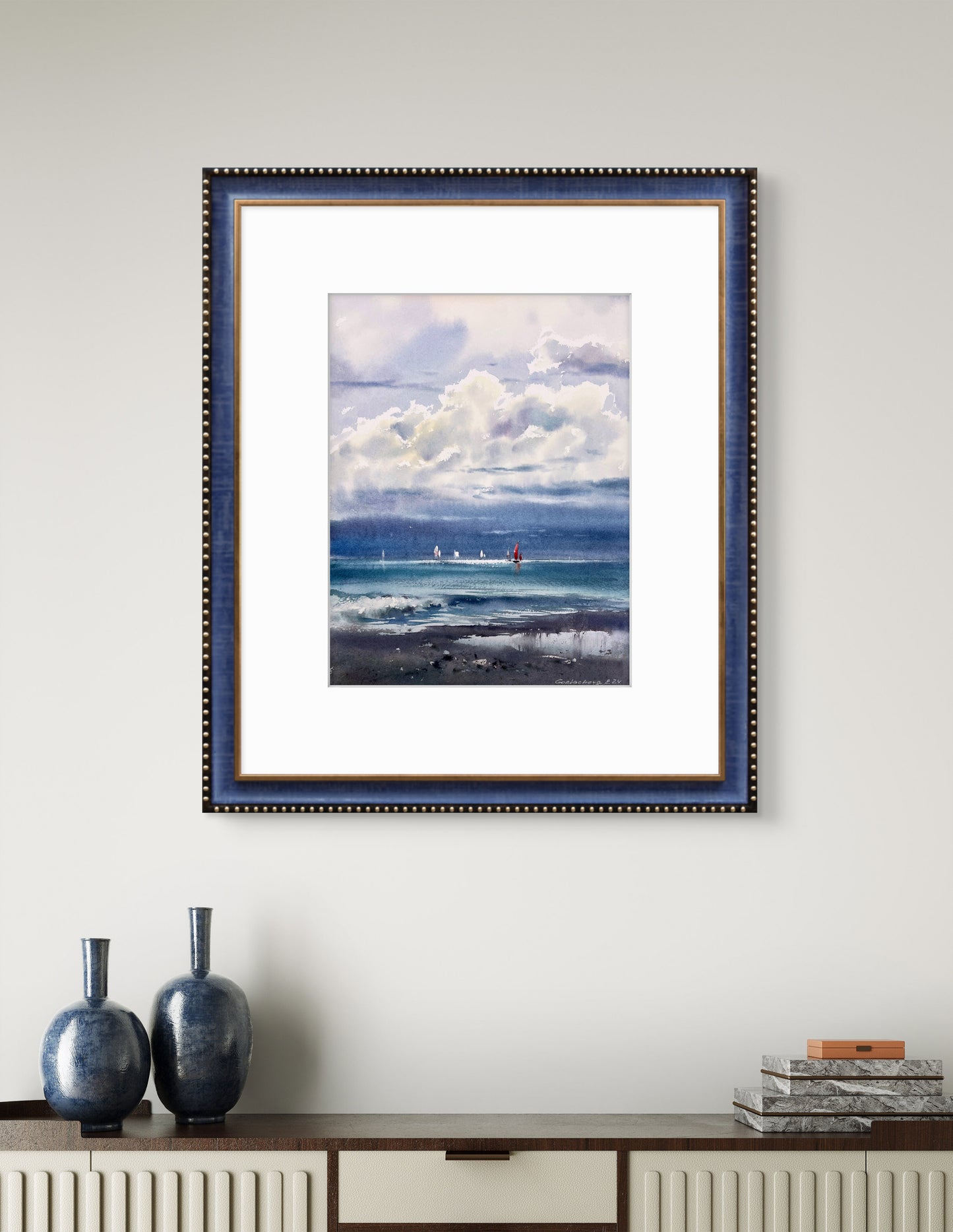 Coastal Dream: Kingdom of the Clouds #2 - Watercolor Artwork of Clouds and Yachts