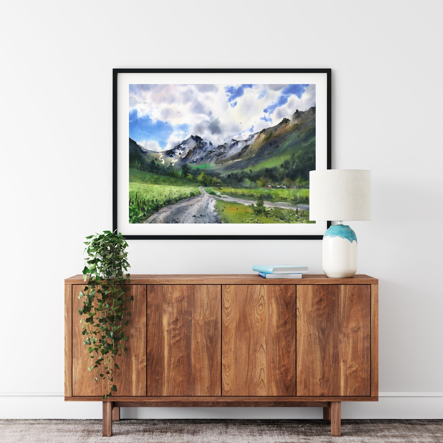 Mountain Meadow Painting, Neutral Landscape Wall Art, Pine Tree Watercolor Print, Light Blue Green Art, Decor Over Sofa