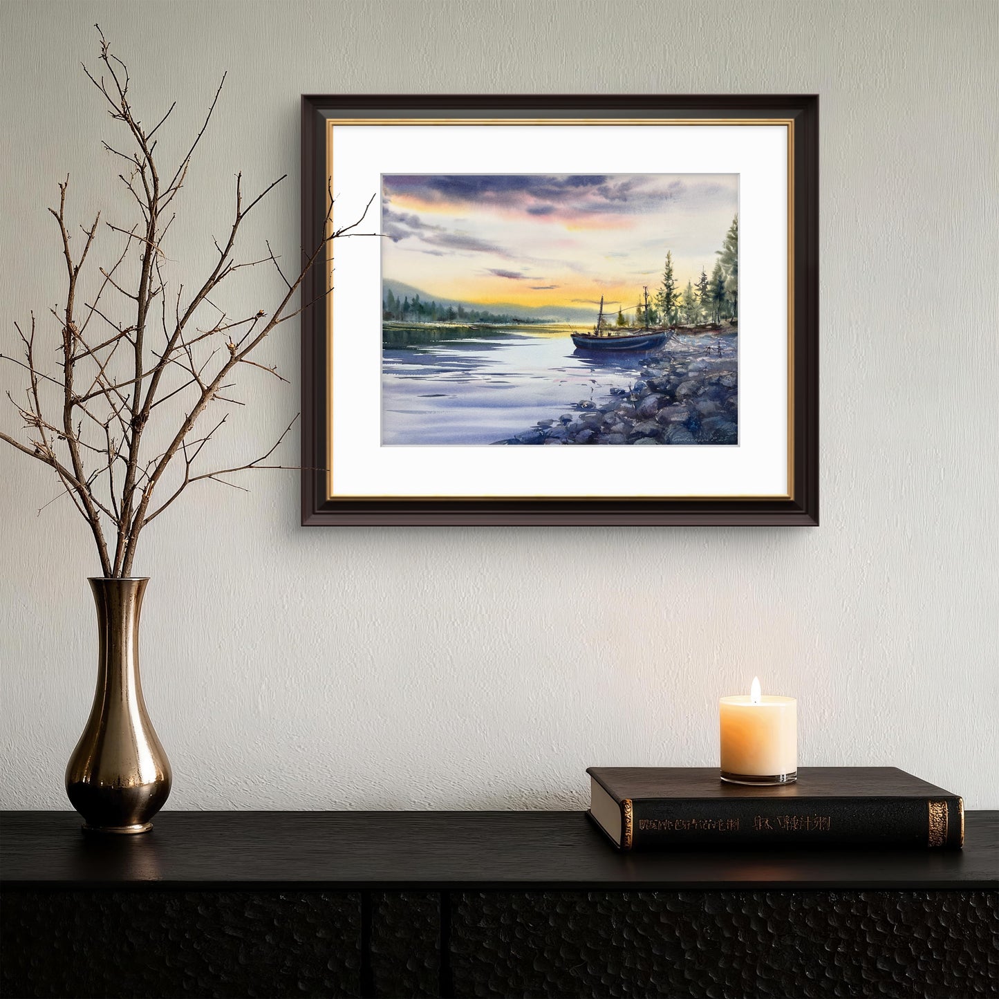 Sunset Lake Watercolor Painting, Original Boat Landscape Art, A lonely boat at sunset  12x16