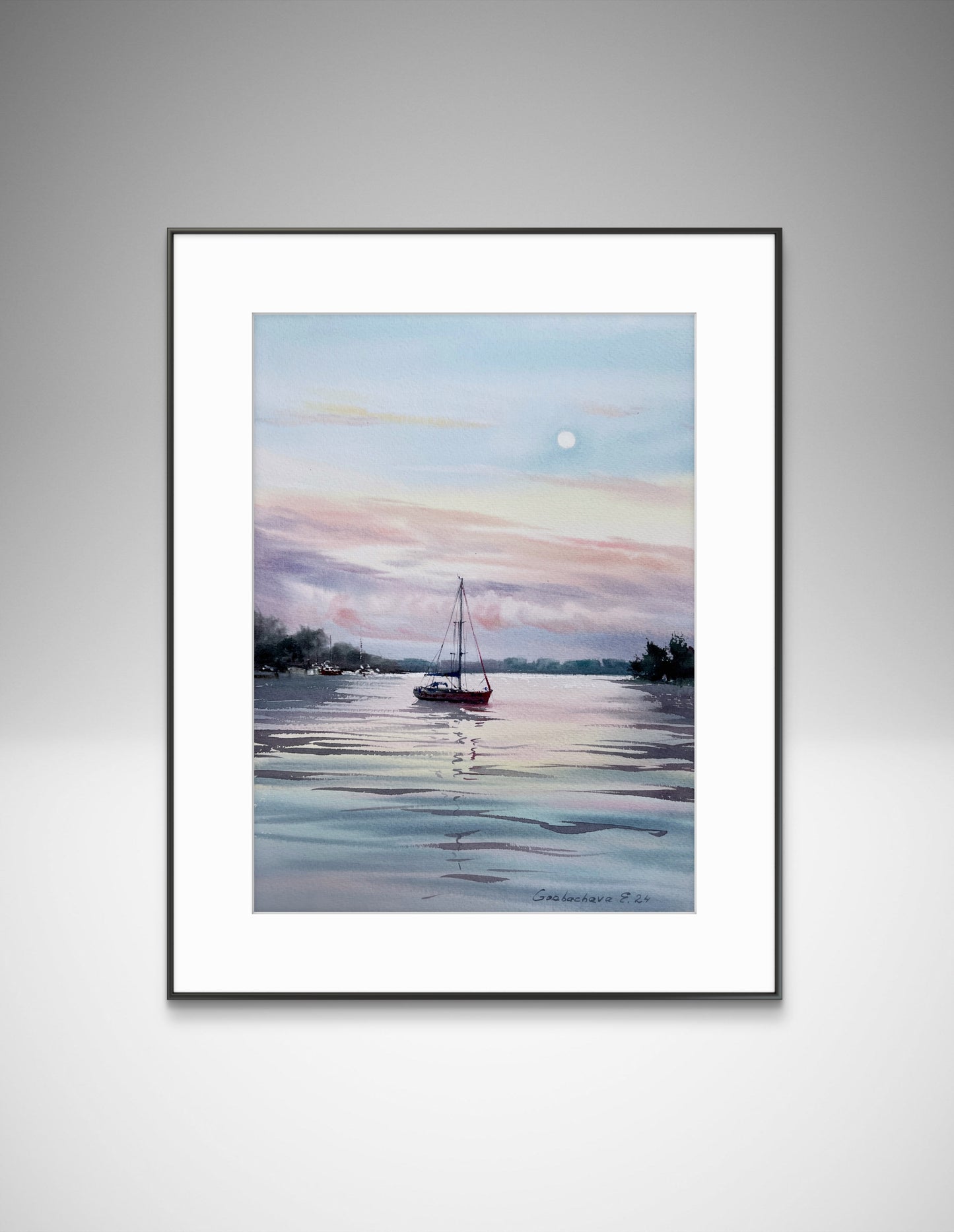 Sailboat Painting Original, Watercolour Seascape - Yacht and Pink Dawn #2