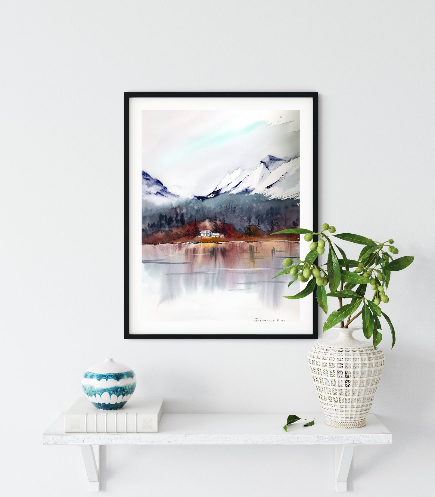 Watercolor Mountain Painting Original, Lake House Art Decor, Art, Abstract Fall Landscape, Mountains, Bedroom Art Decor