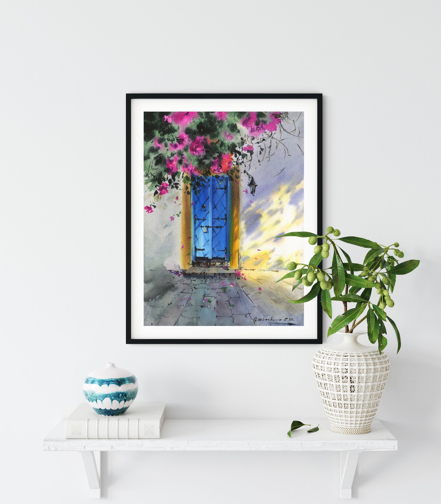Greek backyard Painting, Blue Door Print, Bougainvillea Wall Art, Vintage Greece, Watercolor Art, Mediterranean Artwork