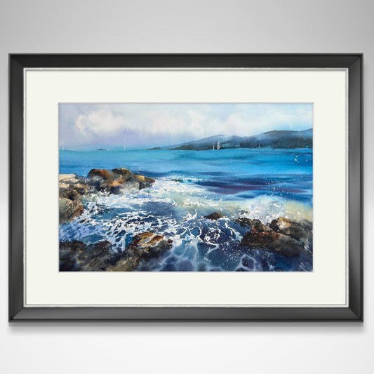 Coastal Painting Original, Watercolour Seascape Artwork - "Sea and Stones #2" - 15x22 in