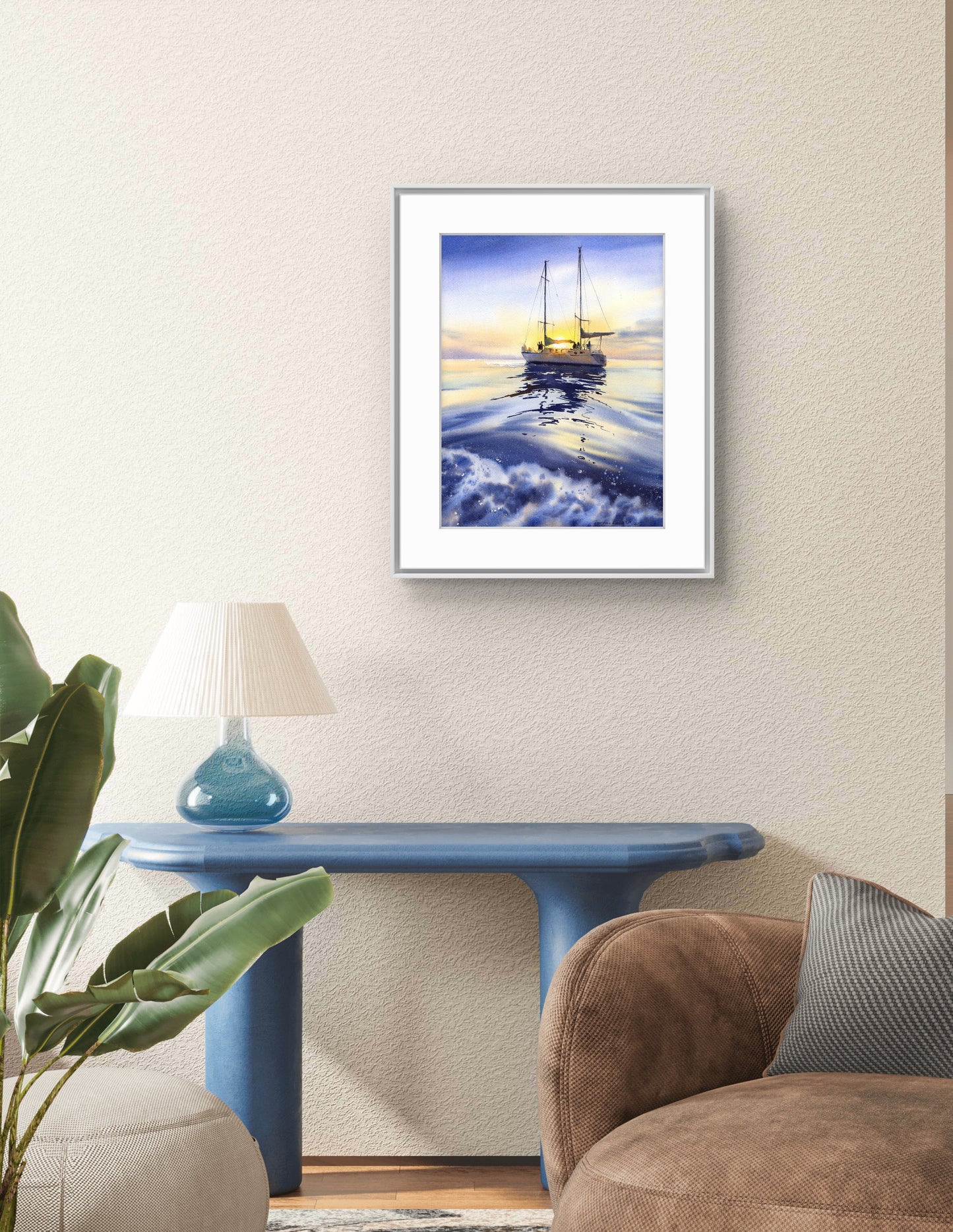 Watercolor Painting Original Seascape "Where the Yacht Meets the Sky #2" 12x16 in Blue Yellow Art Gift (Copy)