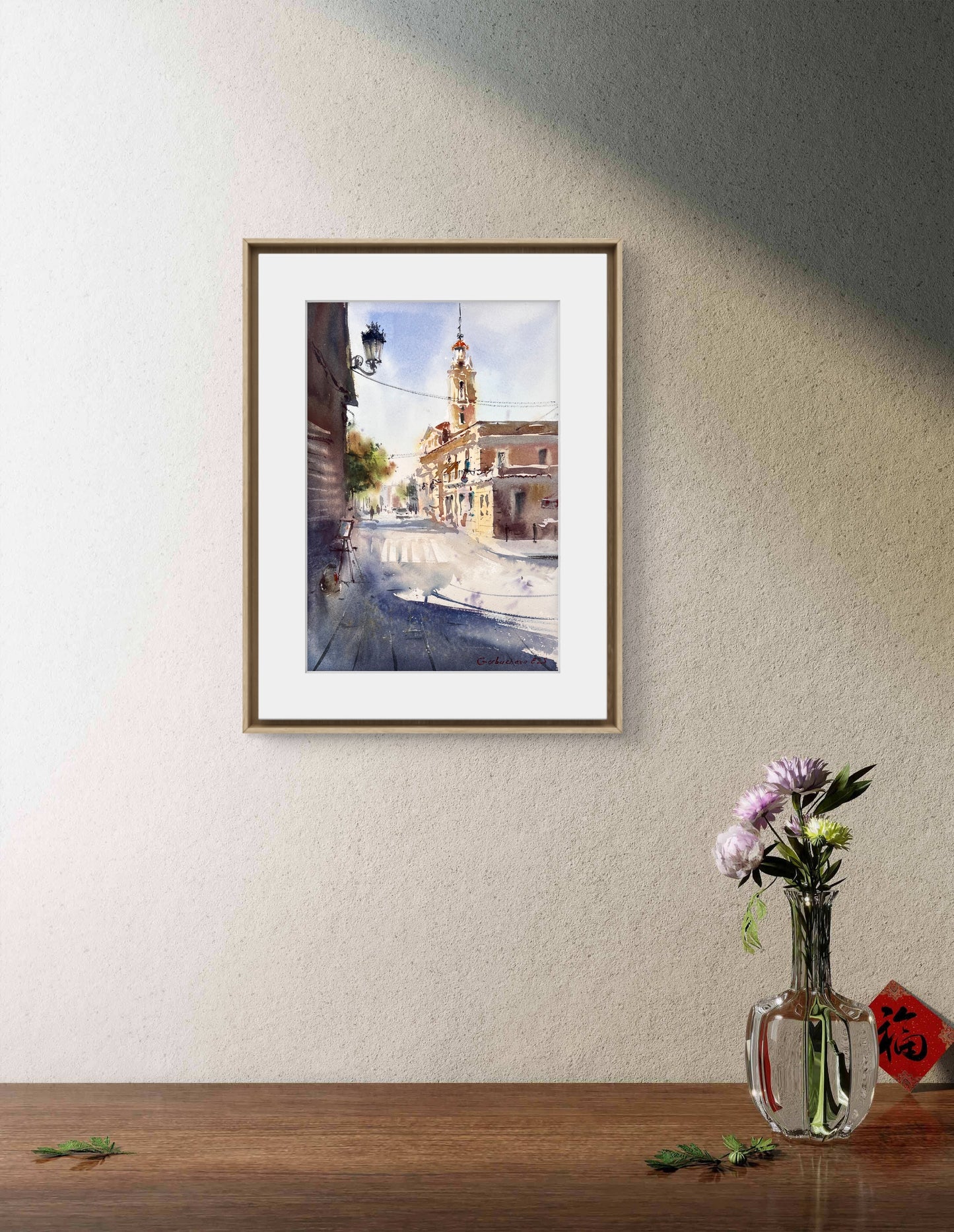 Valencia Sunlit Square – Watercolor Painting – Spain-Inspired Art – Morning Stillness in Valencia #2 8x12 in