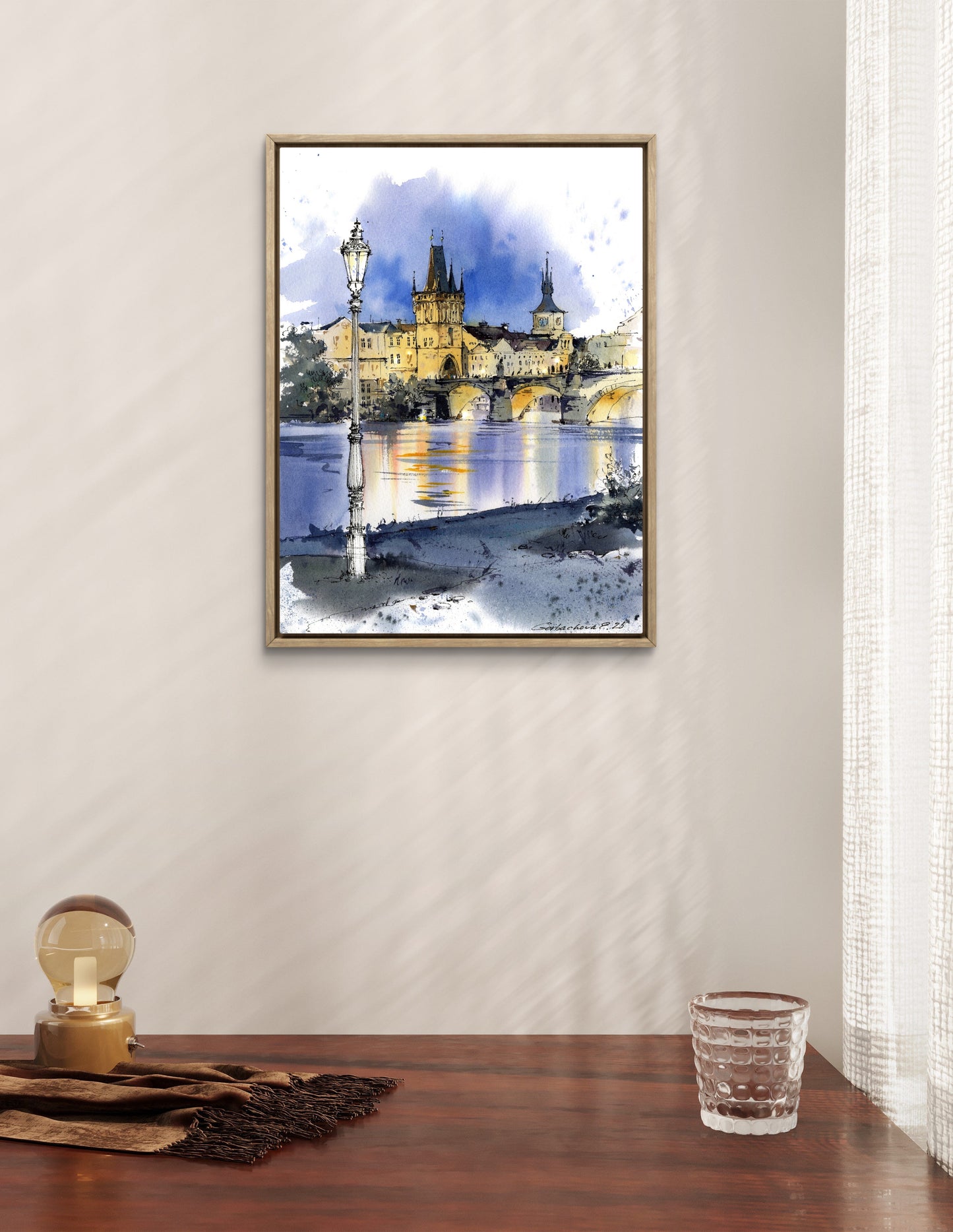 Charles Bridge Prague Watercolor Painting, Old Town Tower Art, Golden Prague Echo 9x12 in