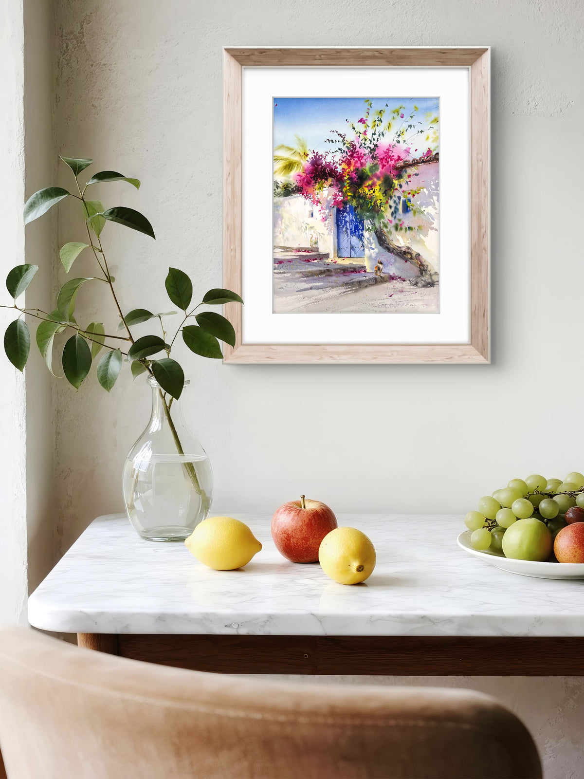 Mediterranean Watercolor Painting, Bougainvillea Art, Where Bougainvillea Blooms 12x16