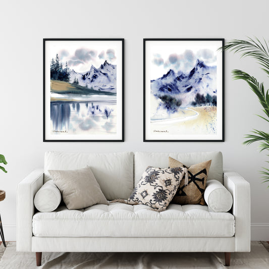 Abstract Mountain Set of 2 Giclee Art Prints, Nature Wall Decor, Modern Forest Painting, Design Office Décor, Canvas Print, Landscape
