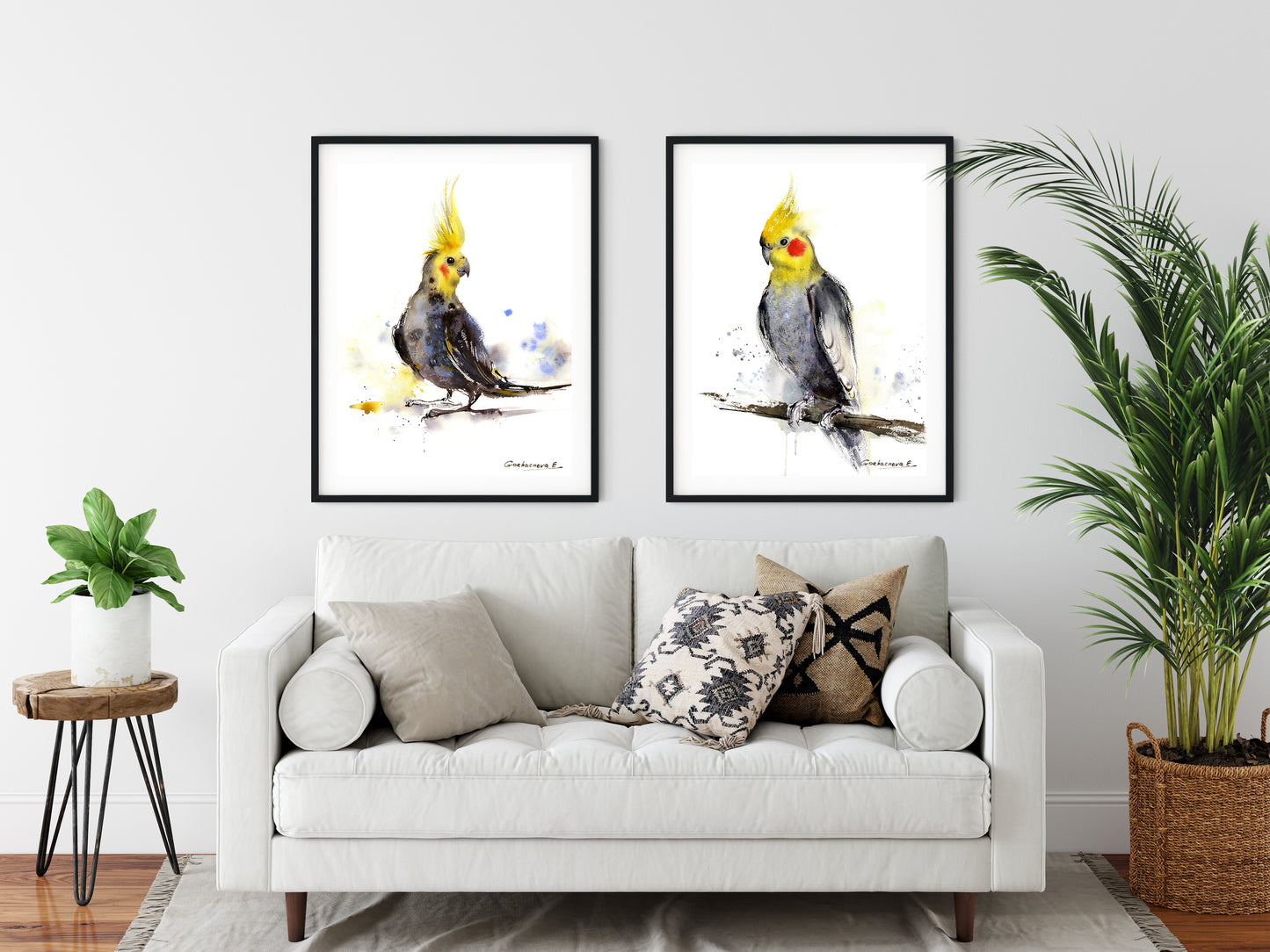 Parrot Set of 2 Art Prints, Watercolor Bird Painting, Cockatiel Wall Art, Bedroom Wall Decor, Yellow Gray Tropical Birds