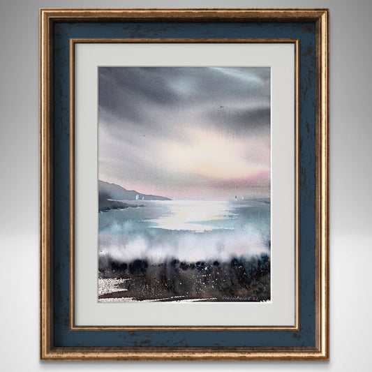 Abstract Painting Watercolor Seascape Original, Nordic Sea, Ocean Waves Wall Art, Modern room Wall Decor, Gift