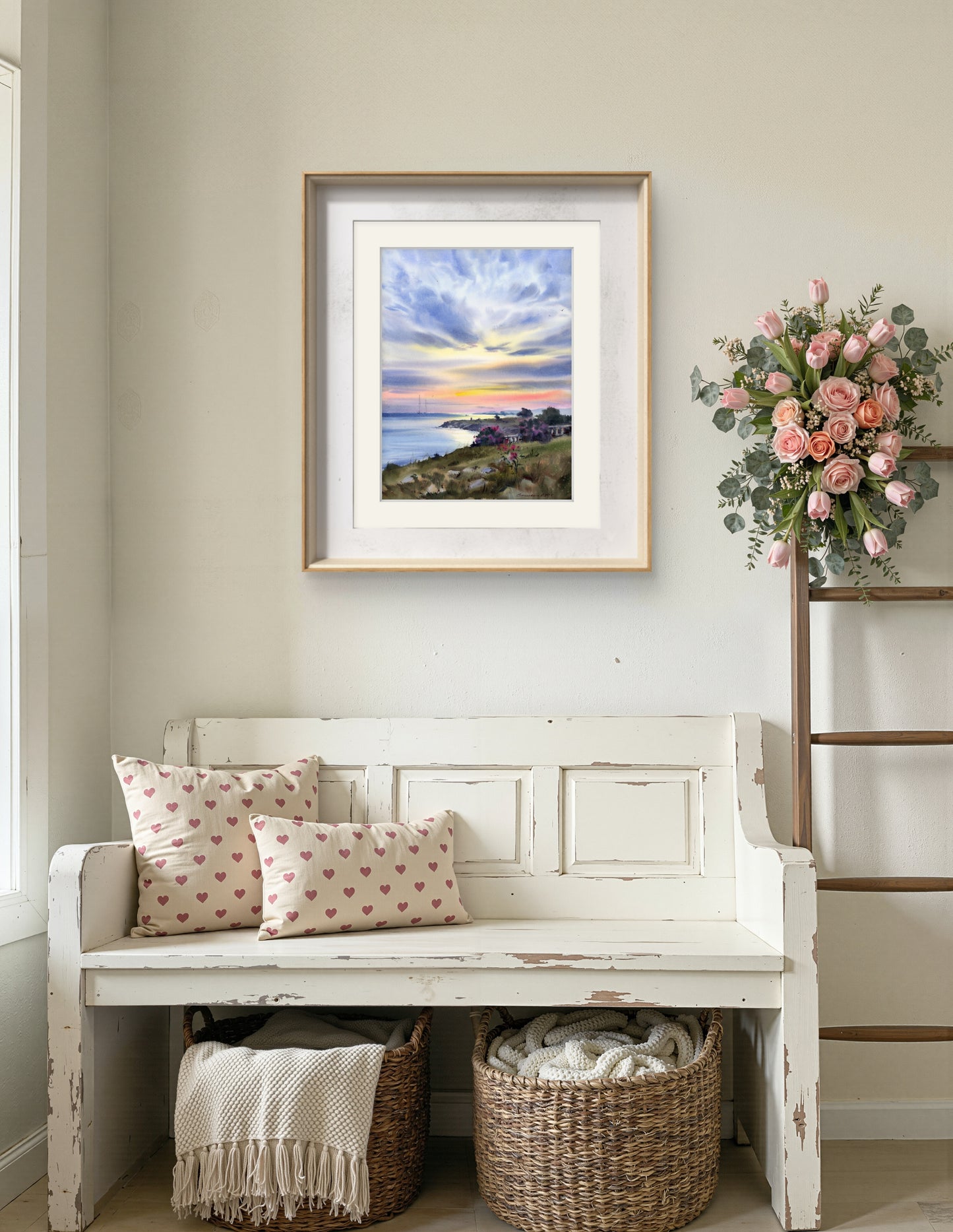 Cyprus Sunset Seascape Watercolor Painting, Coastal Landscape Art, Evening Breath of Cyprus 12x16