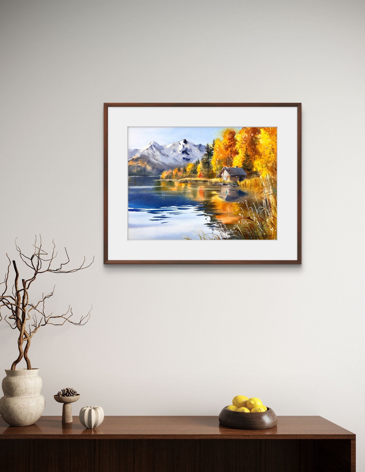 Original Autumn Mountain Lake Watercolor Painting, Mountain Solitude 12x16 in