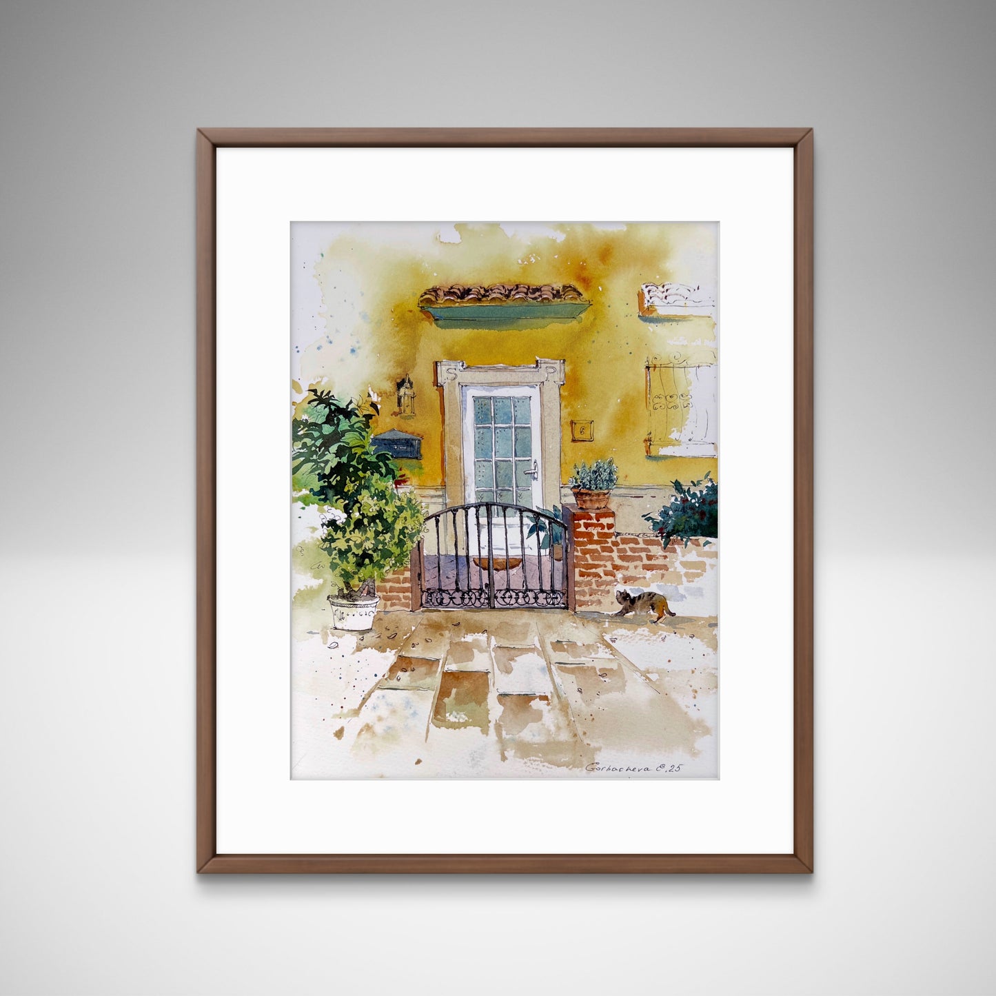 Original Small Watercolor Painting - Spanish Courtyard with Cat - House Gate Art