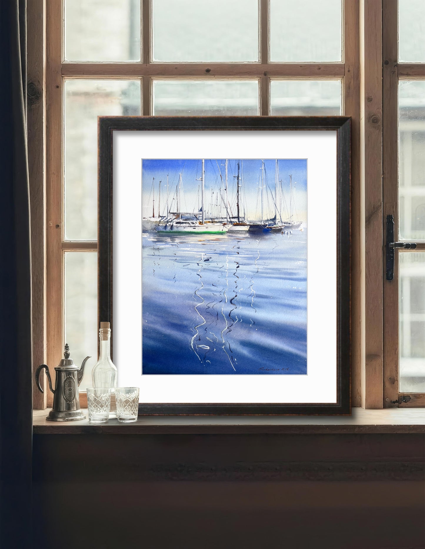 Original Watercolor Marina Painting, Sailboats Harbor Reflection, Blue Harbor Poetry 12x16