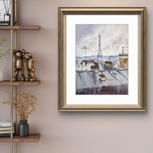 Eiffel Tower Watercolor Painting, Paris Rooftops Original Art, Grey Skies of Paris 9x12