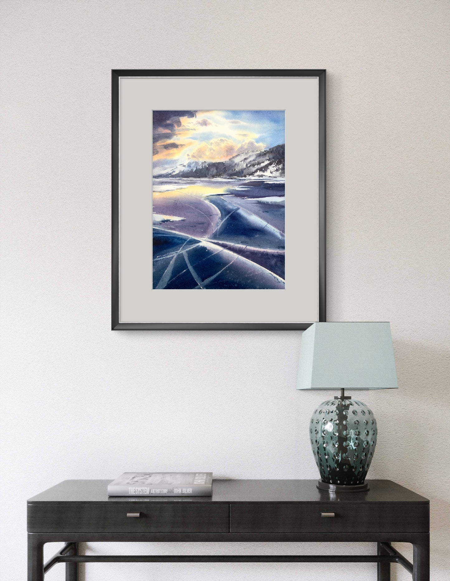 Frozen Lake Painting, Original Watercolor, Winter Landscape,Blue Ice Wall Art, Lake Baikal 12x16