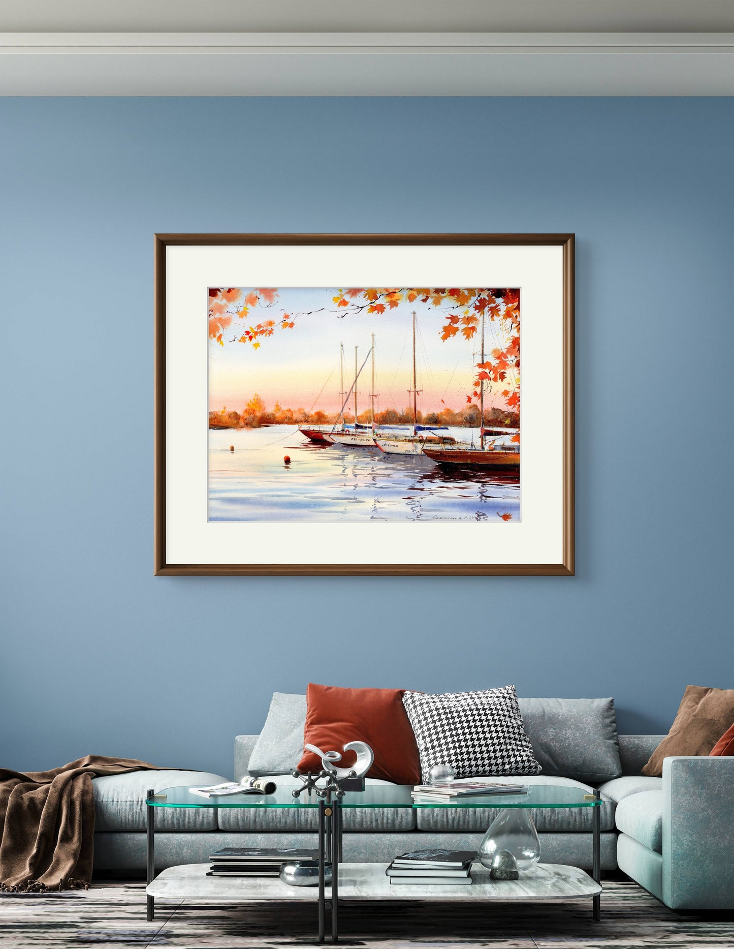 Serene Sailboat & Autumn Foliage Watercolor Print - Painterly Nautical Decor