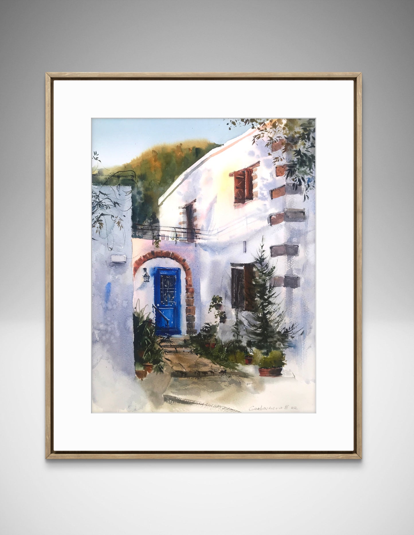 Greek Coastal City Painting Original, Sunset Watercolor Artwork, Greece Coast Village, Greek Village Sunrise #3 12x16