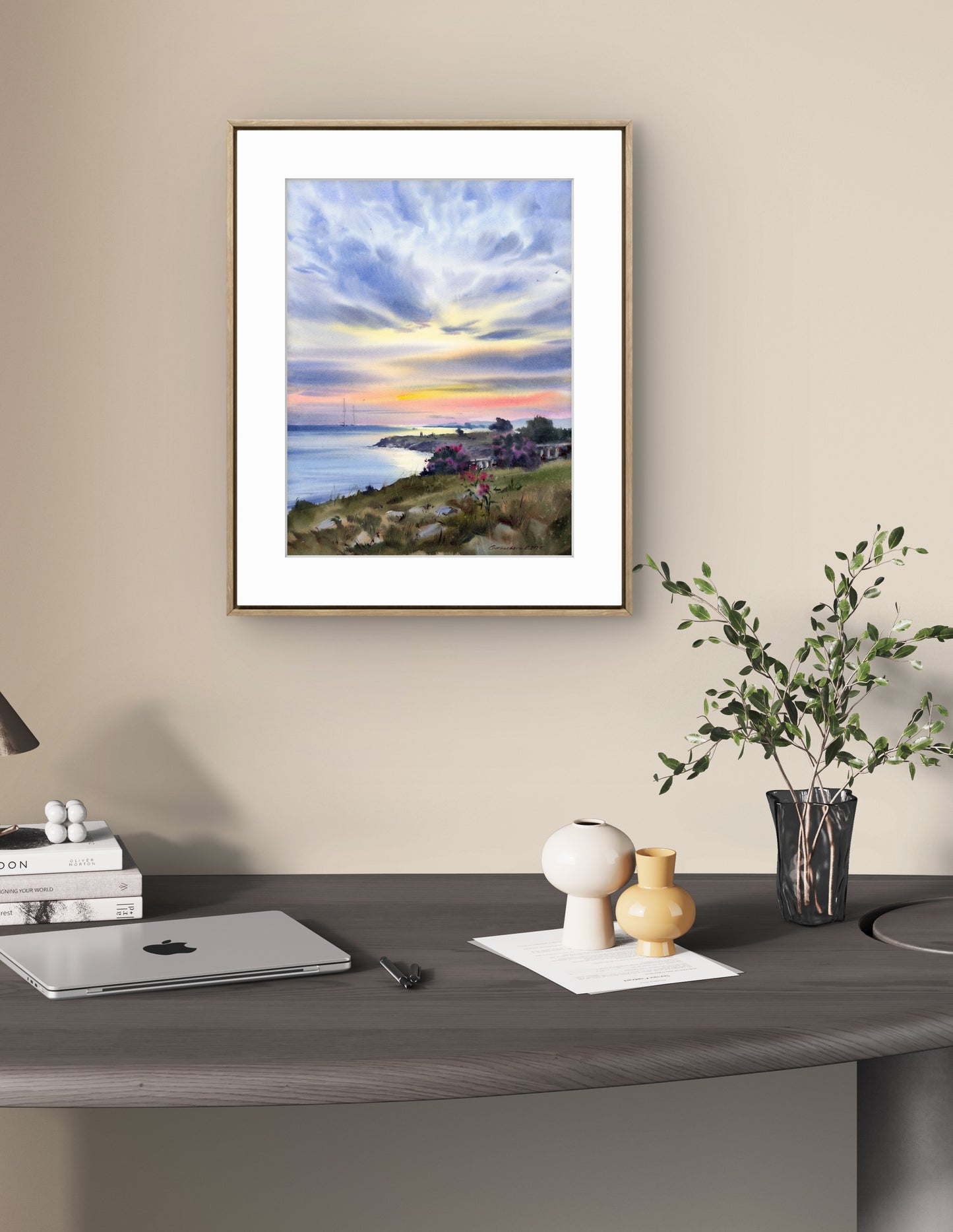 Cyprus Sunset Seascape Watercolor Painting, Coastal Landscape Art, Evening Breath of Cyprus 12x16
