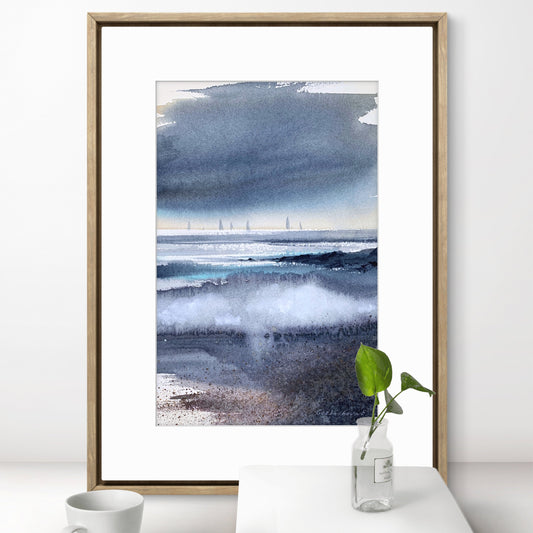 Abstract Nordic Seascape Painting Watercolor Original, Northern Sea, Ocean Wave Wall Art, Contemporary Art, Wall Decor