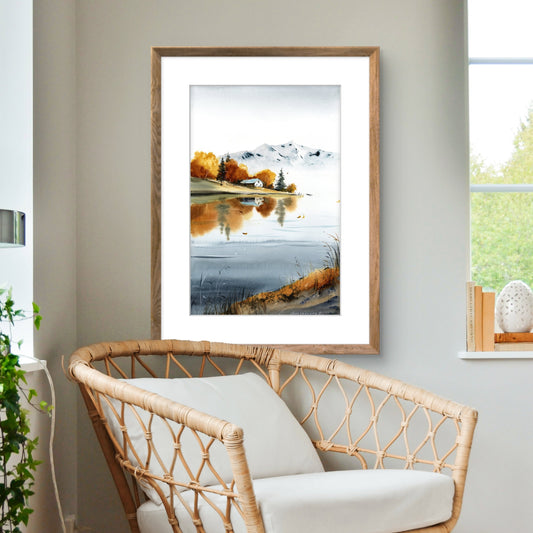 Mountain Lake House: Autumn Forest Watercolor Print