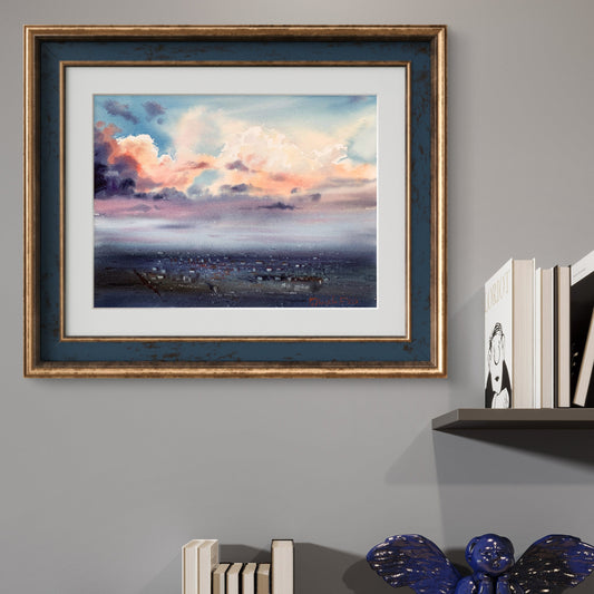 Cyberpunk City Above The Clouds Painting Original, Watercolor, City Cloudscape at Sunrise 12x16