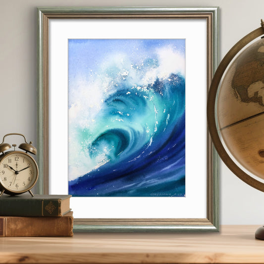 Ocean Wave Watercolor Painting, Sea Wall Art, Wave #4 9x12