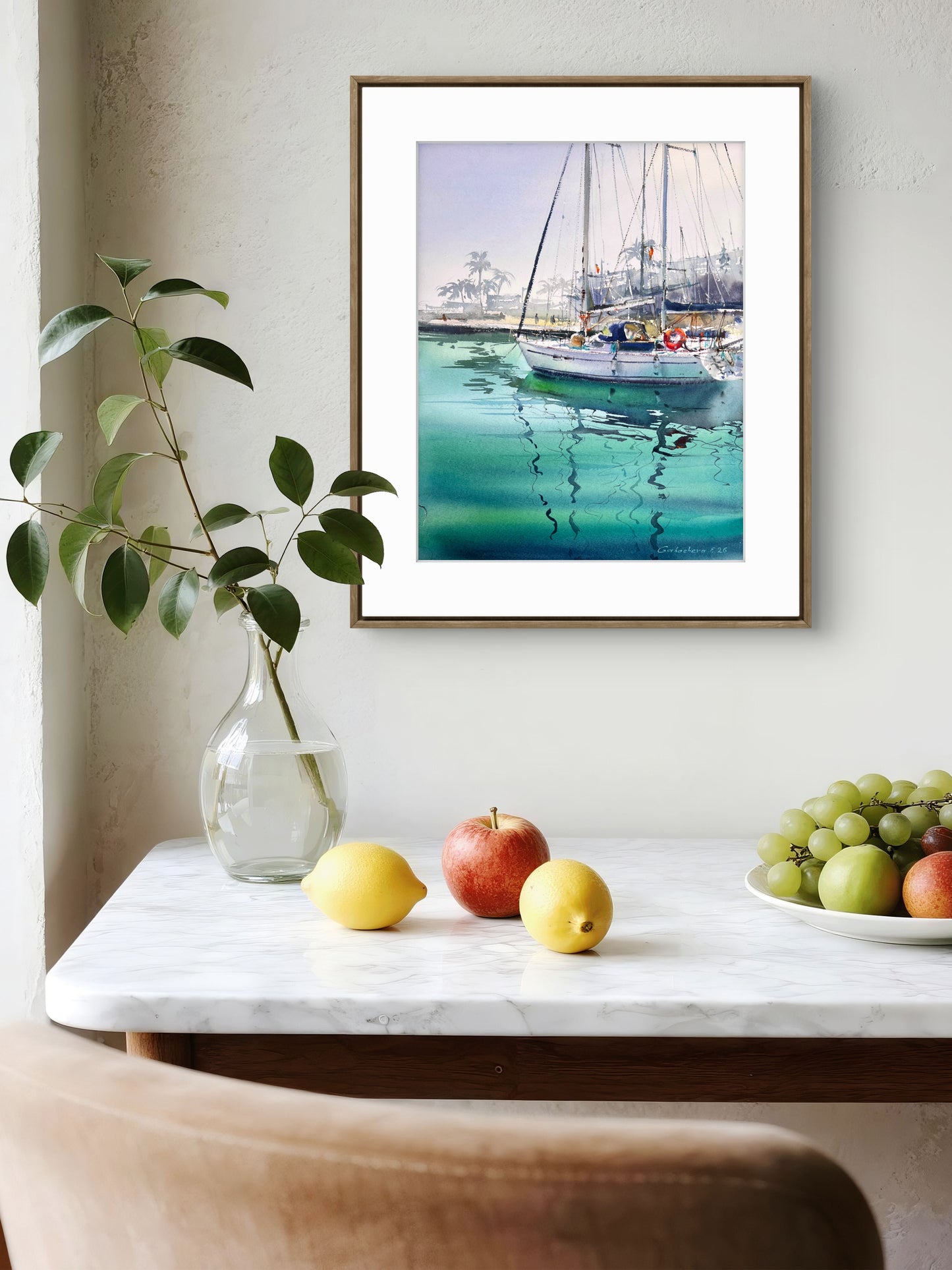 Tropical Sailboat Watercolor Painting, Coastal Marina Art, Emerald Silence 12x16