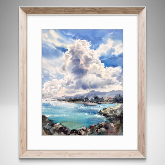 Cyprus Seascape Watercolor Painting, Sailboat Ocean Landscape, Azure Harbor Dream 12x16