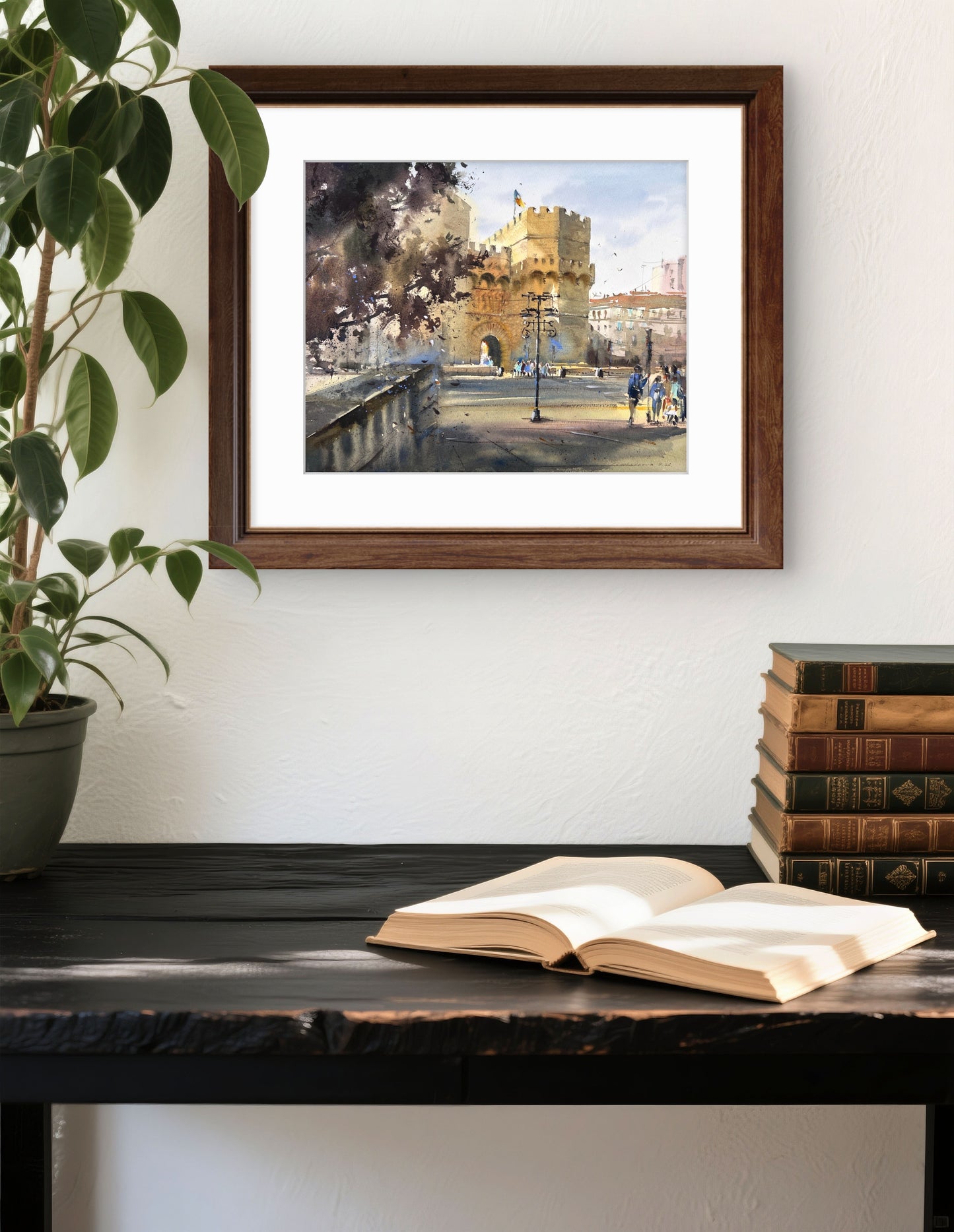 Valencia Watercolor Painting, Spanish Cityscape Art, Golden Gate Valencia 13x15 in