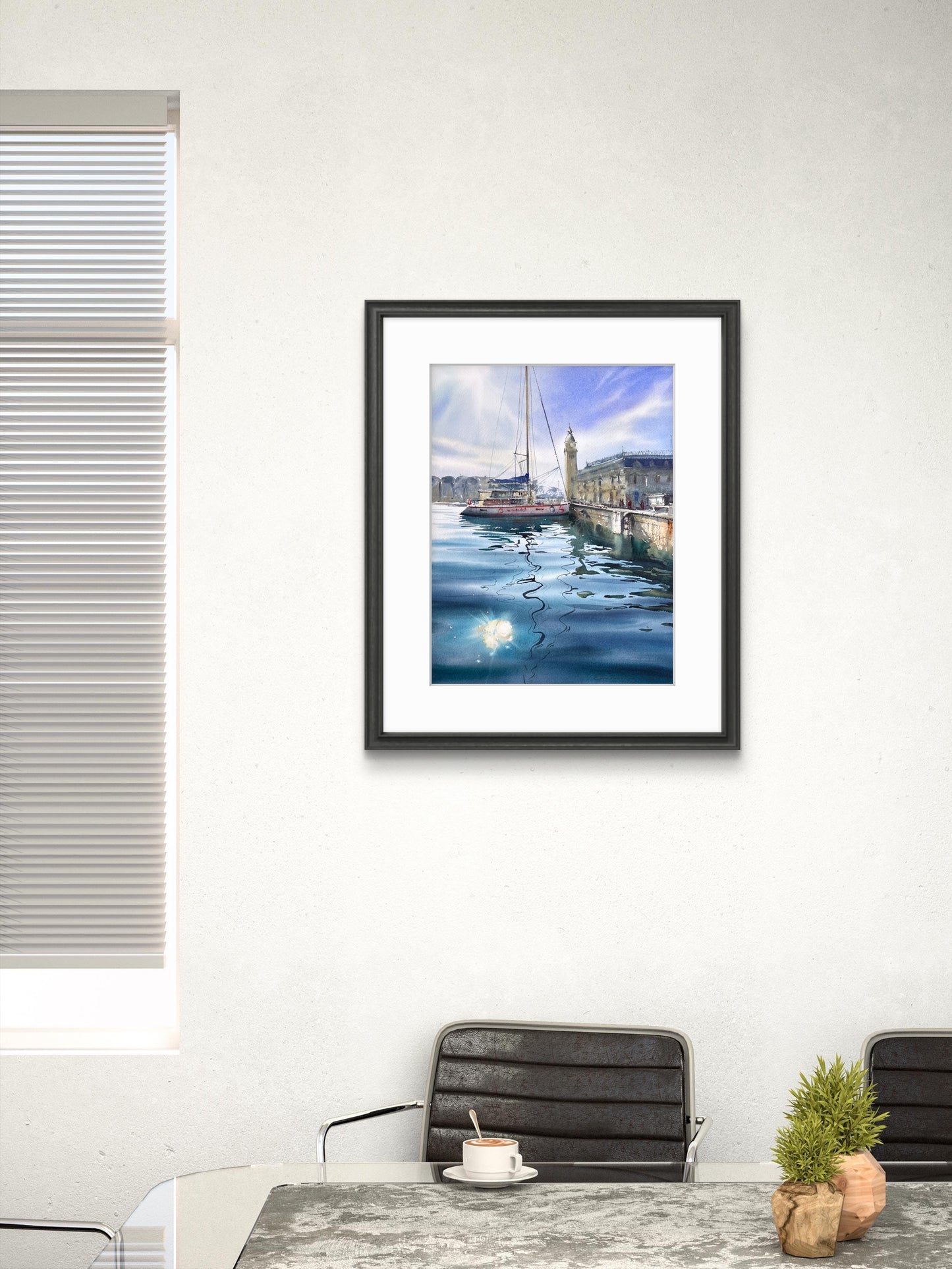 Spanish Harbor Watercolor Painting, Sailboat Marina Art, Still Waters of Spain 12x16