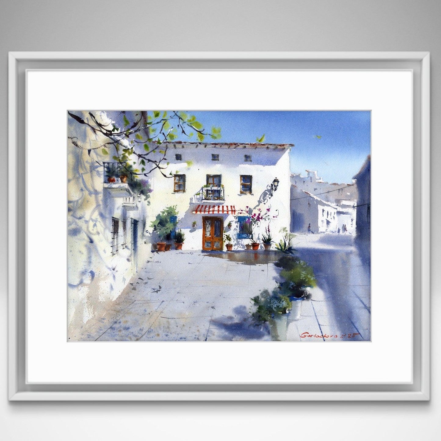 Spanish White Town Watercolor Art | Mediterranean Street Scene Painting | Sunny Spain Travel  | Spanish Afternoon 12x16 in