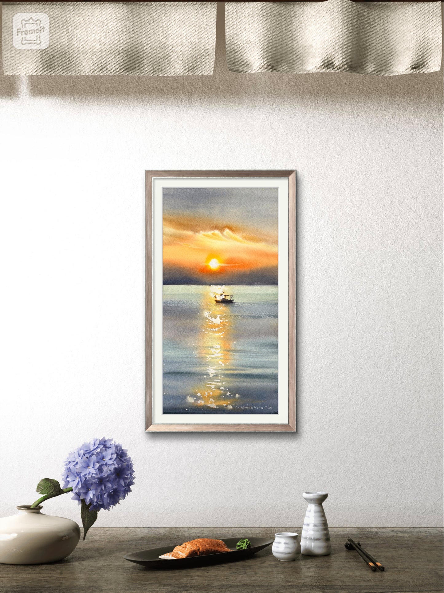 Watercolor Boat Painting Original, Sunset  Artwork, Seascape Art, Coastal Bedroom Wall Art, Gift for Sea Lover