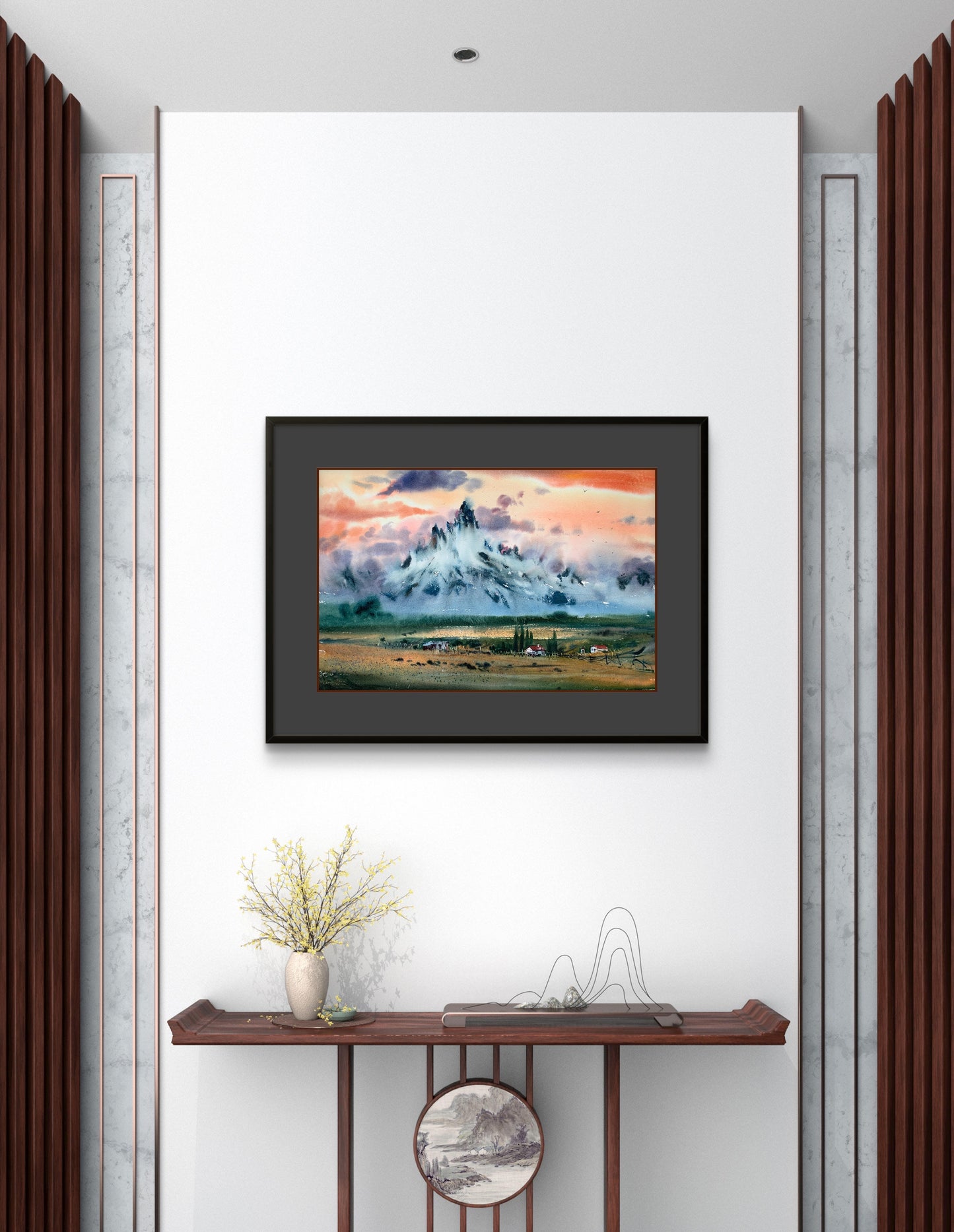 Original Watercolor Mountain Landscape Painting, Sunset Glow Alpenglow Art,Mountainscape with orange sunset 15x22 in