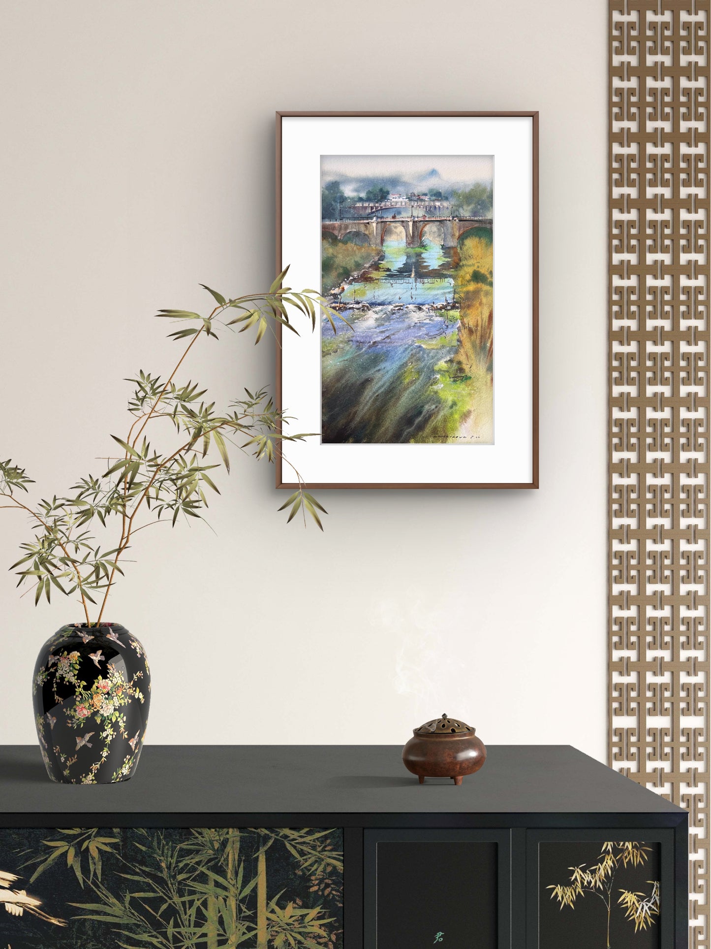 Spain Watercolor Landscape Bridge River Painting Original Art, Bridge of Quiet Waters Spain 9x15