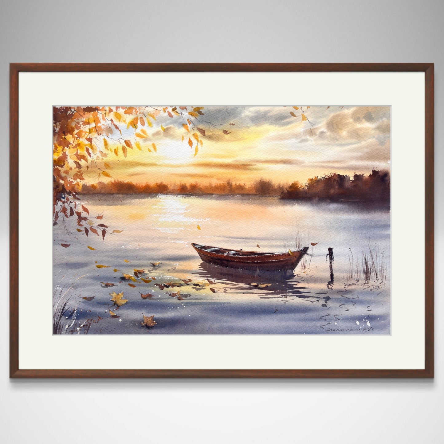 Tranquil Lake Painting: 'Autumn Sunset Boat' Watercolor Original