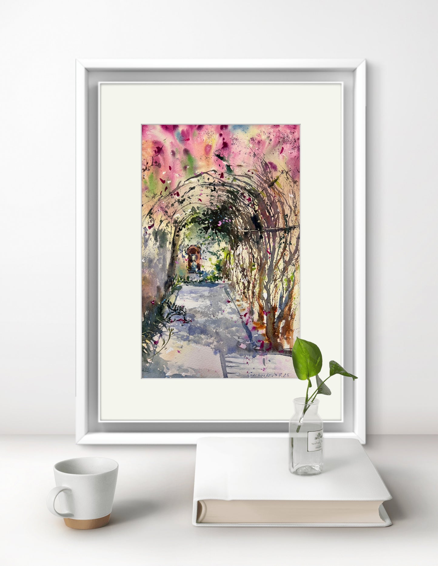 Original Watercolor Garden Arch Painting, Bougainvillea Tunnel #2, 7 x12 in