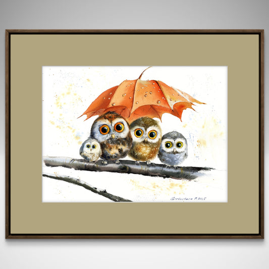 Original Owl Watercolor Painting | Cute Owls Under Autumn Leaf |Owl Umbrella Haven 11x15 in