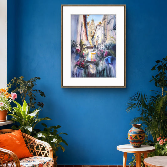 Cordoba Spain Watercolor Painting, Andalusian Street with Flowers, Flowers of Cordoba #2 22x31 in