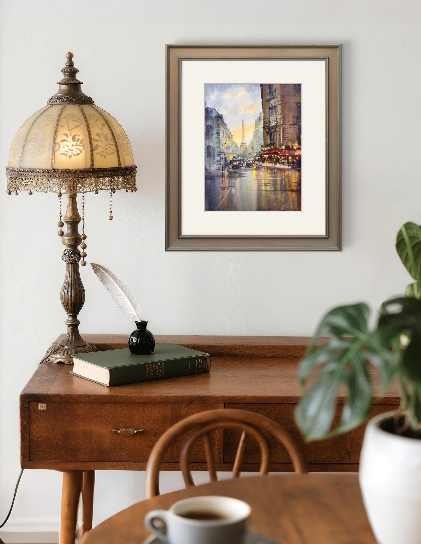 Paris Street Watercolor Painting, Eiffel Tower Art, Paris in Golden Rain 12x16