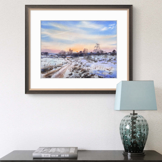 First Snow Watercolor Painting Original, Winter Landscape, Snowy Field Wall Decor,First Snow #3 12x16