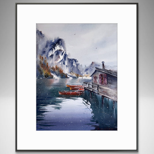 Original Lago di Braies Painting, Italian Lake Watercolor Art, Boats on Lake Braies, Italy 12x16