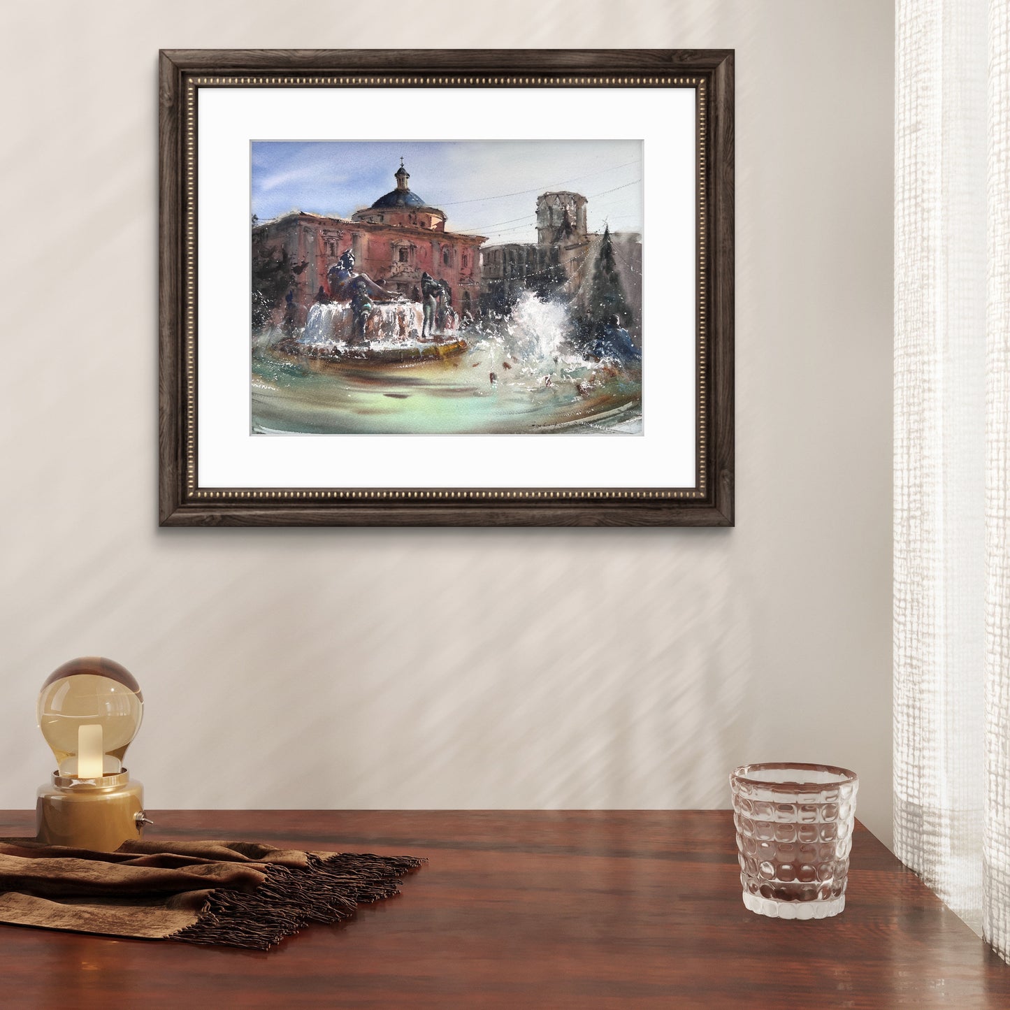 Valencia Fountain Watercolor Painting, Valencia Fountain Song 12x16 in