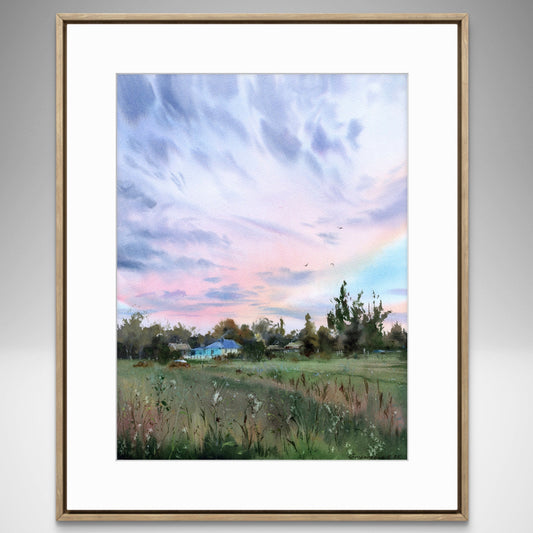 Original Field Sunset Watercolor Painting | Pink Sky Rural Landscape Art 12x16,  Under the Wide Sky