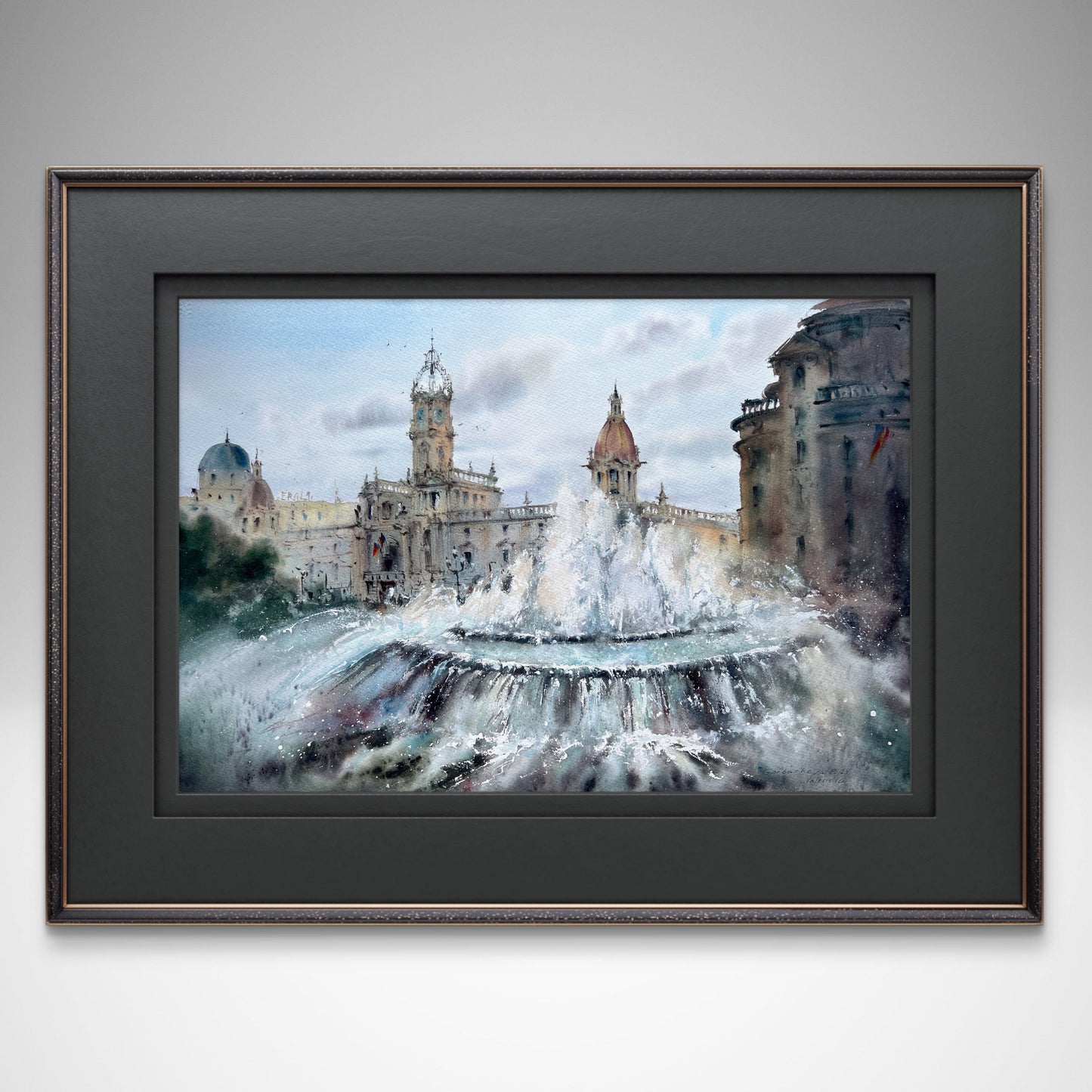 Original Watercolor Painting: Valencia Town Hall Square Cityscape with Fountain