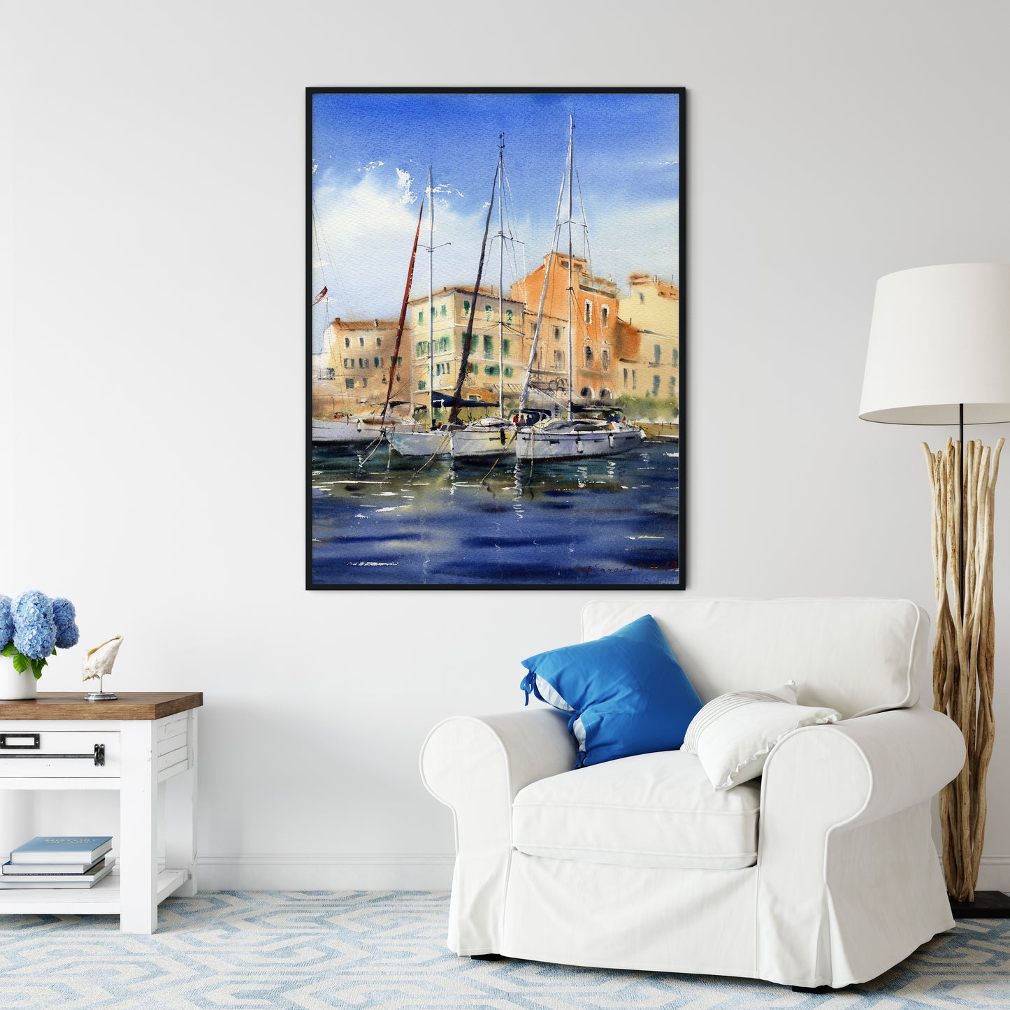 Yacht Painting, Seascape Art Print, BedRoom Wall Decor, Watercolor Sea, Canvas Print Home Decor, Gift for Him