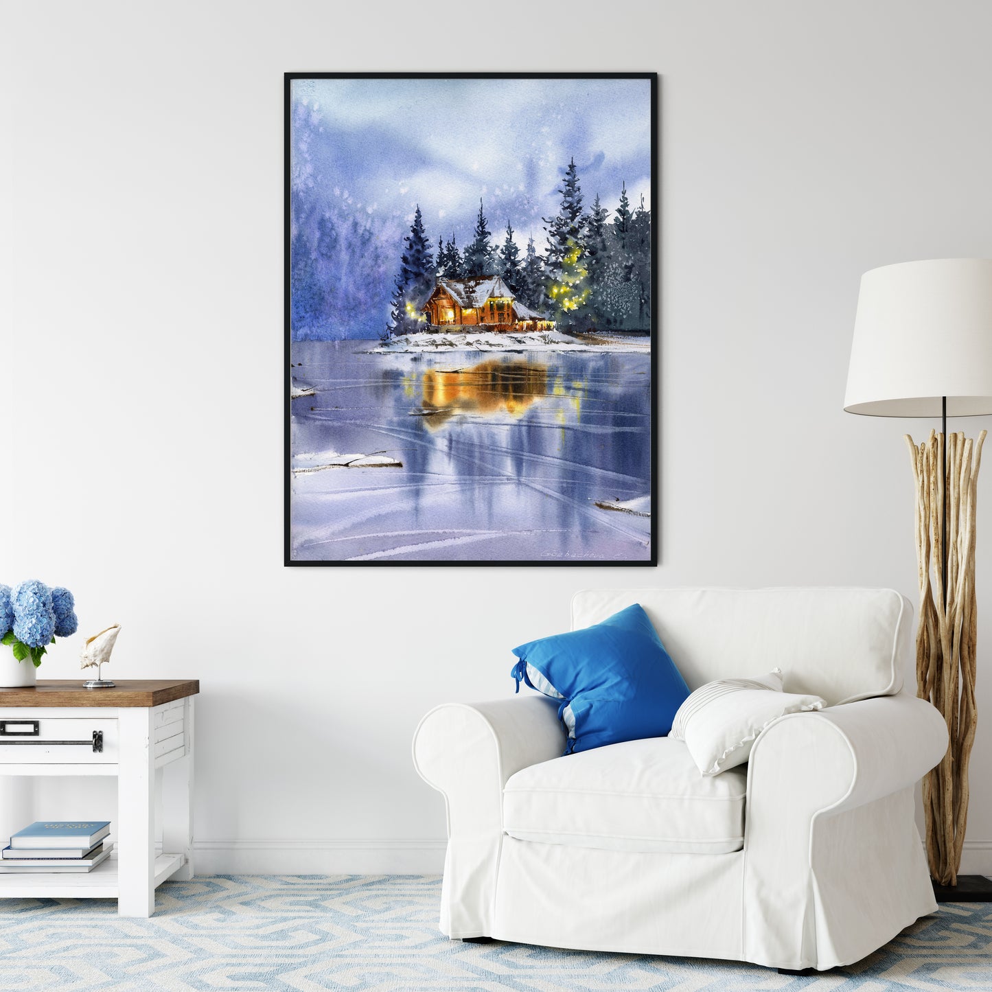 Winter Print, Watercolor Christmas Painting, Holiday Wall Art, Lake House Decor, Snowy Landscape Artwork